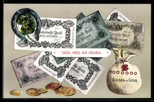 AK niederländische Geldscheine u. Geldstücke, Gulden, Geldsack, Hufeisen, Kleeblatt