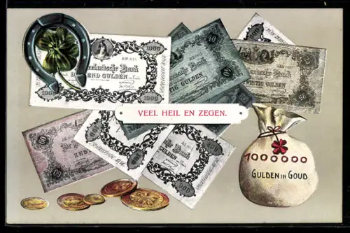 AK Sack voller Geld, niederländische Banknoten und Münzen, Kleeblatt mit Hufeisen
