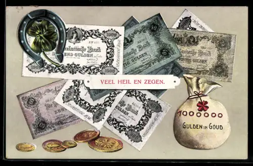 AK Sack voller Geld, niederländische Banknoten und Münzen, Kleeblatt mit Hufeisen
