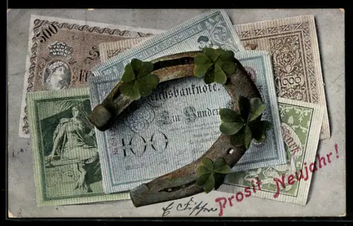 AK Hufeisen auf Geldscheinen, Neujahrsgruss