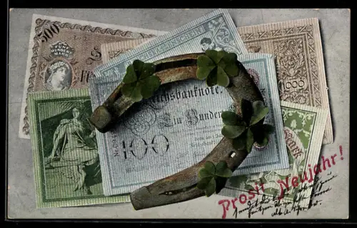 AK Hufeisen auf Geldscheinen, Neujahrsgruss