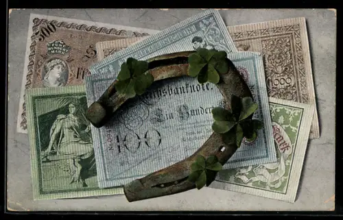 AK Hufeisen auf Geldscheinen, Neujahrsgruss