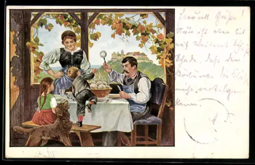 Künstler-AK Coburg, Familie zu Tisch mit Klössen