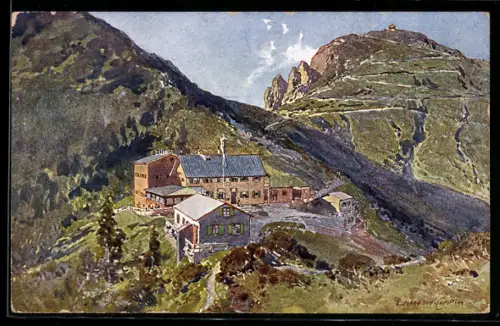 Künstler-AK Edward Harrison Compton: Herzogstand mit Unterkunftshaus, Berghütte