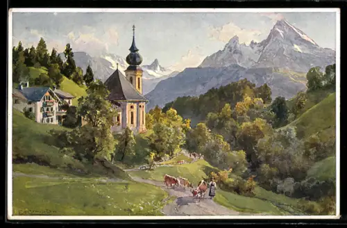 Künstler-AK Edward Theodore Compton: Gern, Ortsansicht gegen Watzmann, Kühe