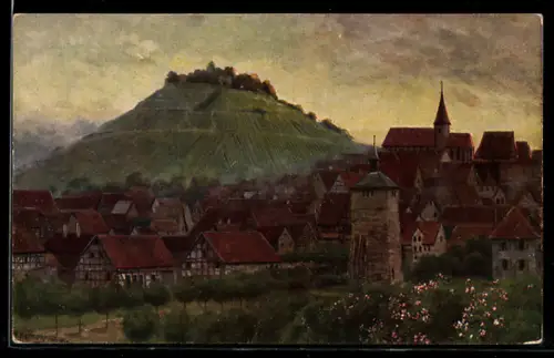 Künstler-AK Weinsberg, Teilansicht vom Ort mit der Weibertreu