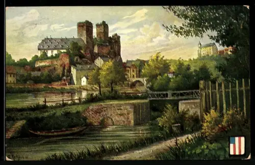 Künstler-AK Runkel, Burg, Lahnbrücke, Flussufer