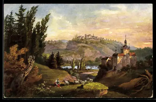 AK Kriebstein, Burg mit Schäferin und Ehrenberg