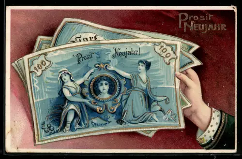 AK Neujahrsgruss, Geldscheine