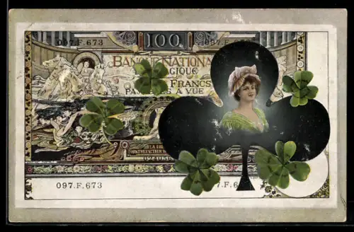 AK Belgischer Geldschein mit Damenporträt und Kleeblättern