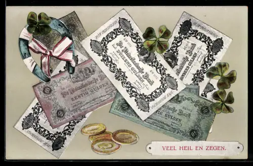 AK Niederländische Banknoten und Münzen, Kleeblatt mit Hufeisen