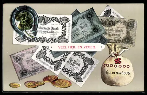 AK Sack voller Geld, niederländische Banknoten und Münzen, Kleeblatt mit Hufeisen