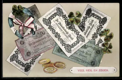 AK Niederländische Banknoten und Münzen, Kleeblatt mit Hufeisen