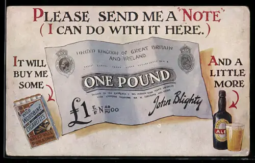 Künstler-AK United Kingdom, Geldschein, Bier und Zigaretten