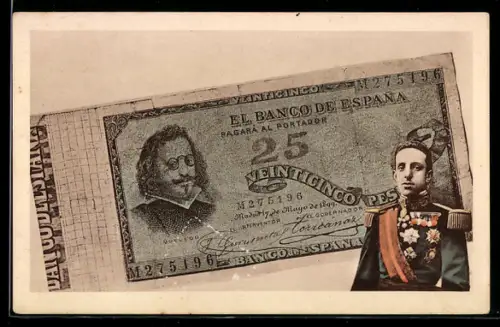 AK Madrid, Geldschein und Soldat in Uniform