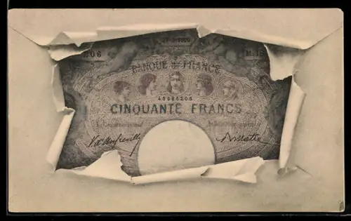 AK Fünfzig Francs-Schein mit Briefumschlag-Passepartout