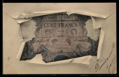 AK Geldschein Cent Francs in einem aufgerissenen Brief