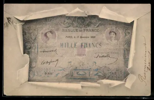 AK Französischer Geldschein im Umschlag, Mille Francs