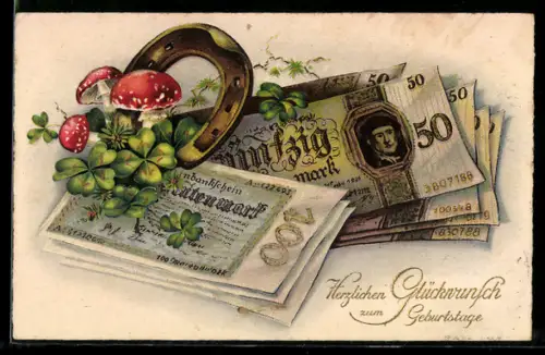 AK Neujahrsgruss mit Geldscheinen und Hufeisen