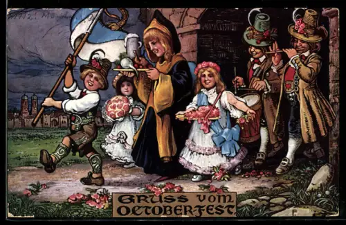 AK Münchner Kindl bekommt eine leckere Mahlzeit von feiernden Leuten geschenkt