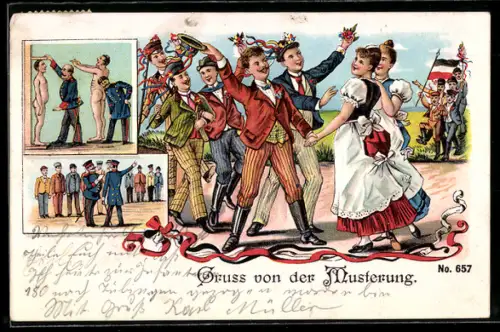 Lithographie Gruss von der Musterung, Rekruten und Mädels