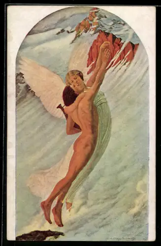 Künstler-AK Schutzengel rettet Nackten aus Fluten
