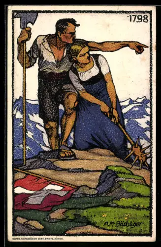 Künstler-AK Schweizer Bundesfeier 1913, Liebespaar auf einem Berg