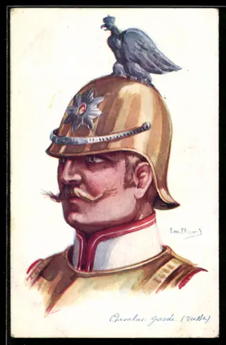 Künstler-AK Em.Dupuis: russischer Garde Kavallerist in Uniform mit Helm
