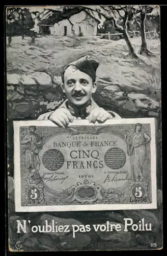 AK Soldat zeigt eine französische Banknote