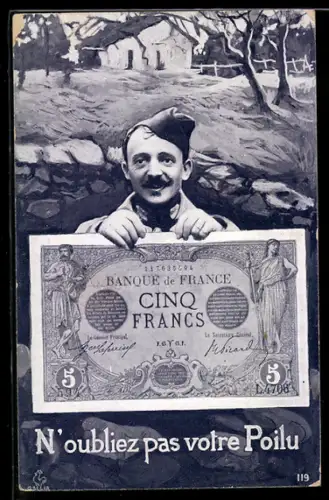 AK Soldat zeigt eine französische Banknote