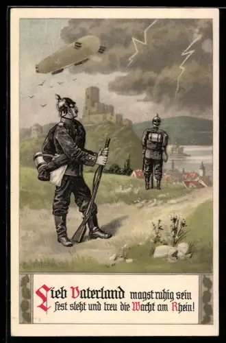 AK Propaganda 1. Weltkrieg, Soldaten & Zeppelin in Gewitterfront & Vers