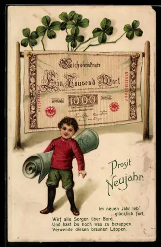 AK Junge mit 1000 Mark-Schein und Glücksklee