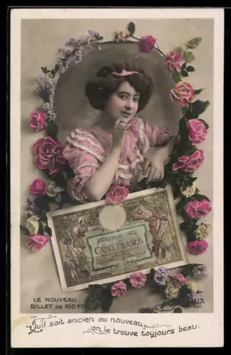 AK Frau im Rosenkranz mit Geldschein