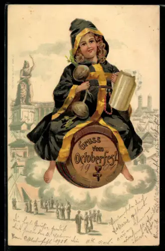 Präge-Lithographie München, Münchner Kindl auf Fass über der Wiesn, Bavaria, Oktoberfest