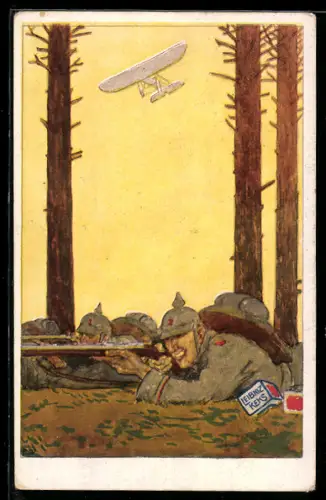 Künstler-AK Leibniz-Keks, Soldaten mit Gewehren im Schützengraben