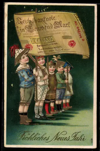 AK Reichsbanknote 1000 Mark auf Fahne, Kinder stehen Spalier, Geld