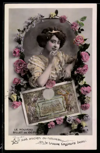 AK Frau im Rosenkranz mit Geldschein