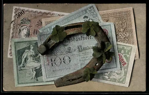 AK Hufeisen auf Geldscheinen, Neujahrsgruss