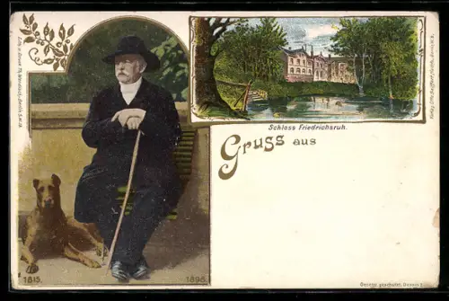 AK Friedrichsruh, Bismarck mit Hund und Schloss Friedrichsruh