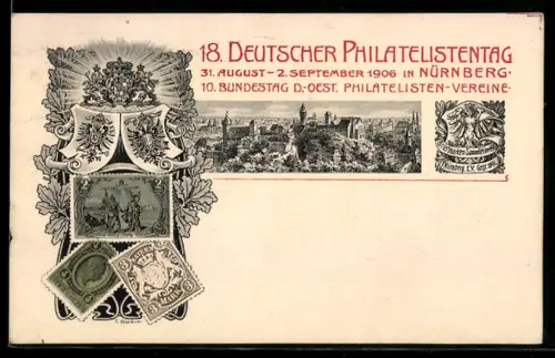 AK Nürnberg, 18. Deutscher Philatelistentag, 31.8. - 2.9.1906, Wappen, Briefmarken