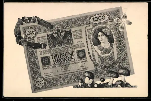 AK Tausend Kronen Schein mit Hufeisen, Kleeblättern und Pilzen