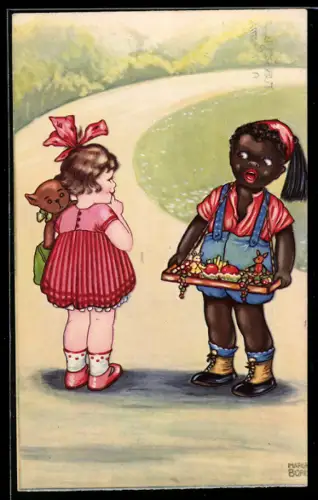 Künstler-AK Margret Boriss: Mädchen mit Teddy spricht mit einem afrikanischen Mädchen
