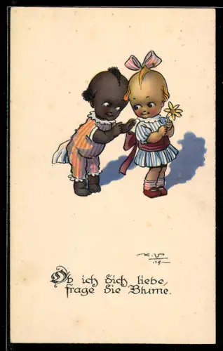 Künstler-AK afrikanischer Bube bindet seinem Mädchen die Schleife am Kleid