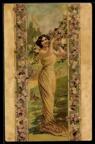 AK Jugendstil, Frau in gelbem Kleid an blühendem Flieder