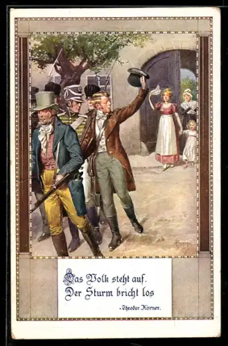 Künstler-AK Kuderna: Aufbruch zum Kampf und Spruch Theodor Körners