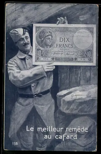 AK Französischer Soldat hält einen Geldschein, Le meilleur remède au cafard