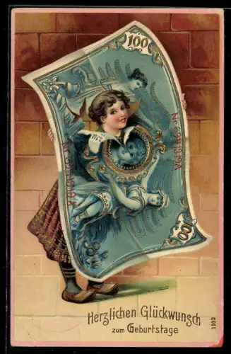 AK Frau durch zerrissenen Geldschein, Neujahr