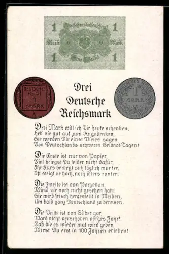 AK Deutschland, 1 Deutsche Reichsmark, Geldschein, Geldstücke