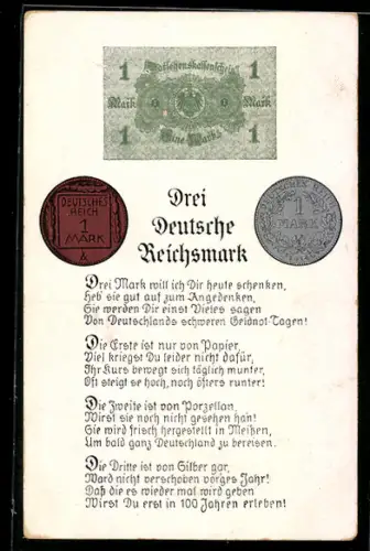 AK Deutschland, 1 Deutsche Reichsmark, Geldschein, Geldstücke