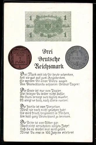 AK Deutschland, 1 Deutsche Reichsmark, Geldschein, Geldstücke